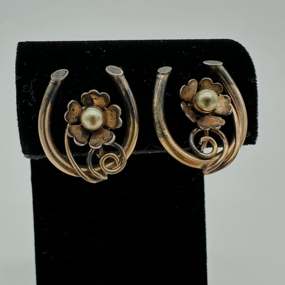 Vintage 12K Gold Horseshoe and Flower with Pearl Screw Back Earrings